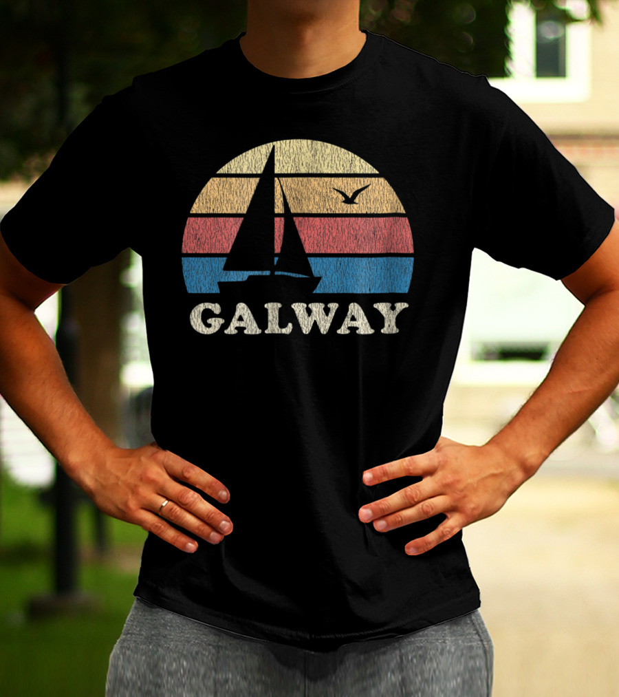 Galway Vintage Sailboat 70s Sunset With Seagull T-Shirt