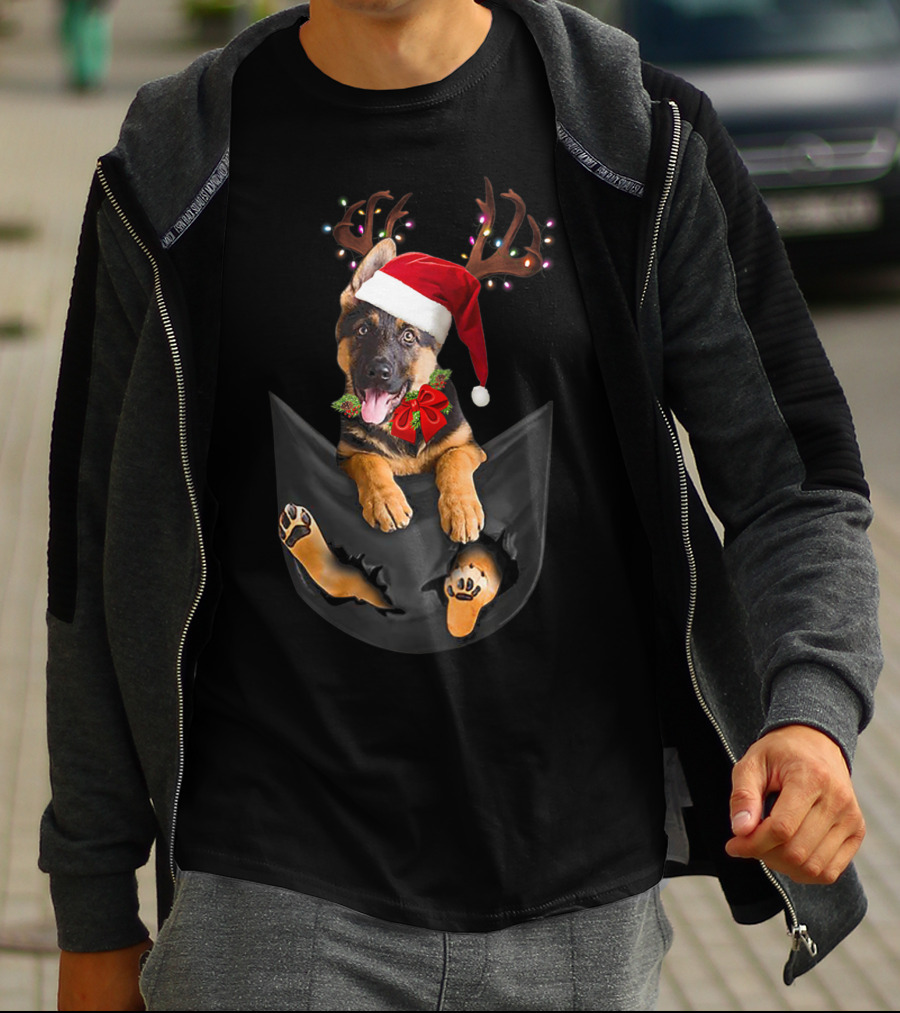 German Shepherd Christmas Dog With Santa Hat And Antlers In Your Pocket T-Shirt