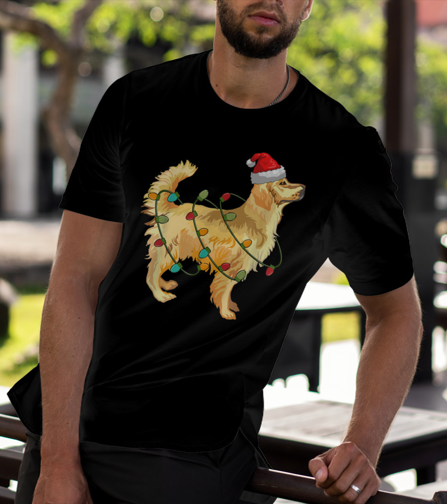 Golden Retriever With Christmas Lights And Santa Hat T-Shirt
