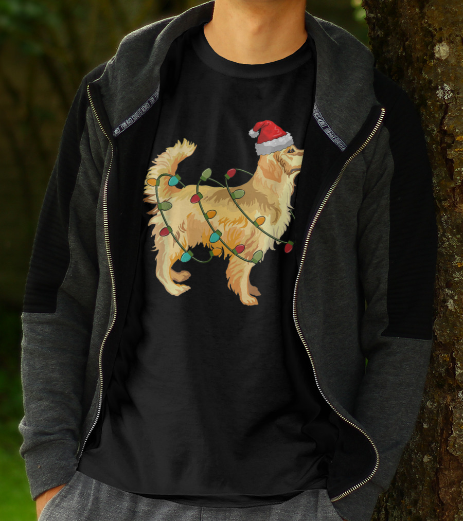 Golden Retriever With Christmas Lights And Santa Hat T-Shirt