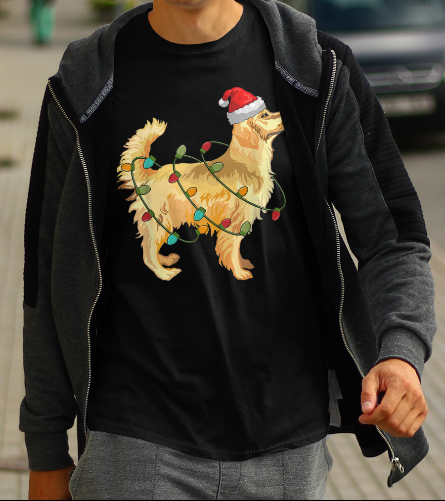 Golden Retriever With Christmas Lights And Santa Hat T-Shirt