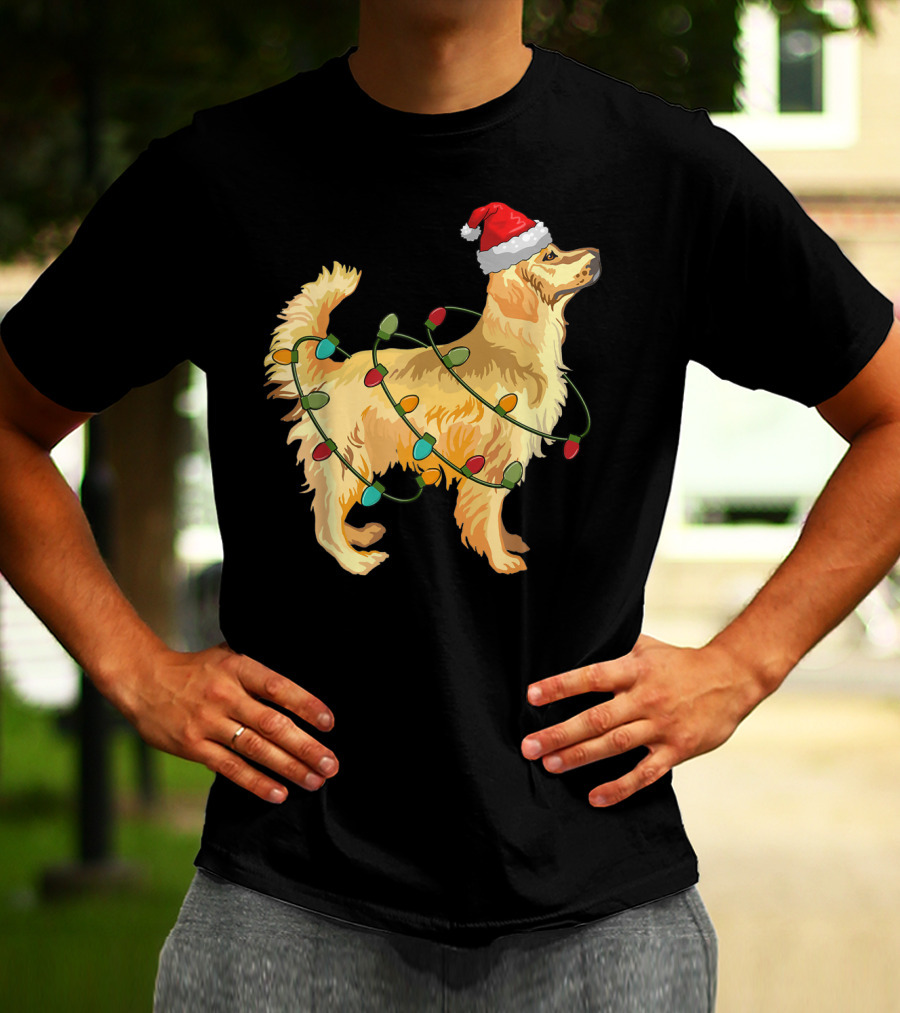 Golden Retriever With Christmas Lights And Santa Hat T-Shirt