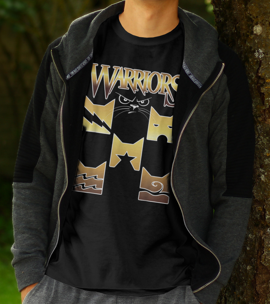 WARRIORS Golden Clan Cat Icons With Lightning, Eye, Star, Wave Symbols T-Shirt