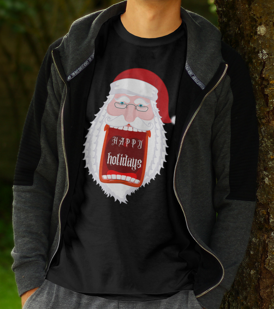 HAPPY HOLIDAYS SANTA ZIP SCREAMING MOUTH WITH GLASSES T-Shirt
