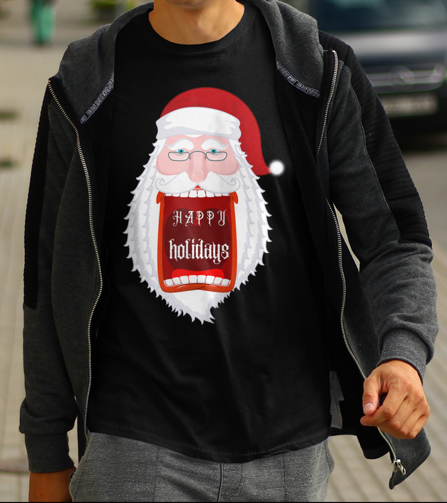 HAPPY HOLIDAYS SANTA ZIP SCREAMING MOUTH WITH GLASSES T-Shirt