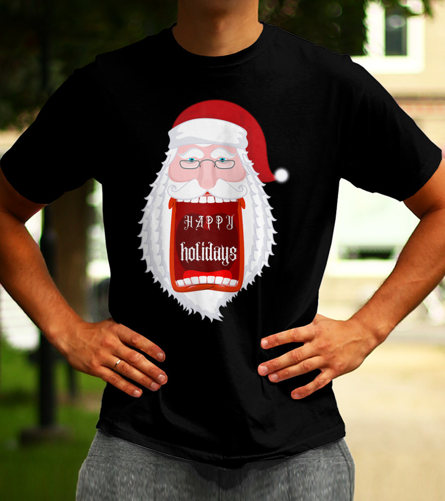HAPPY HOLIDAYS SANTA ZIP SCREAMING MOUTH WITH GLASSES T-Shirt