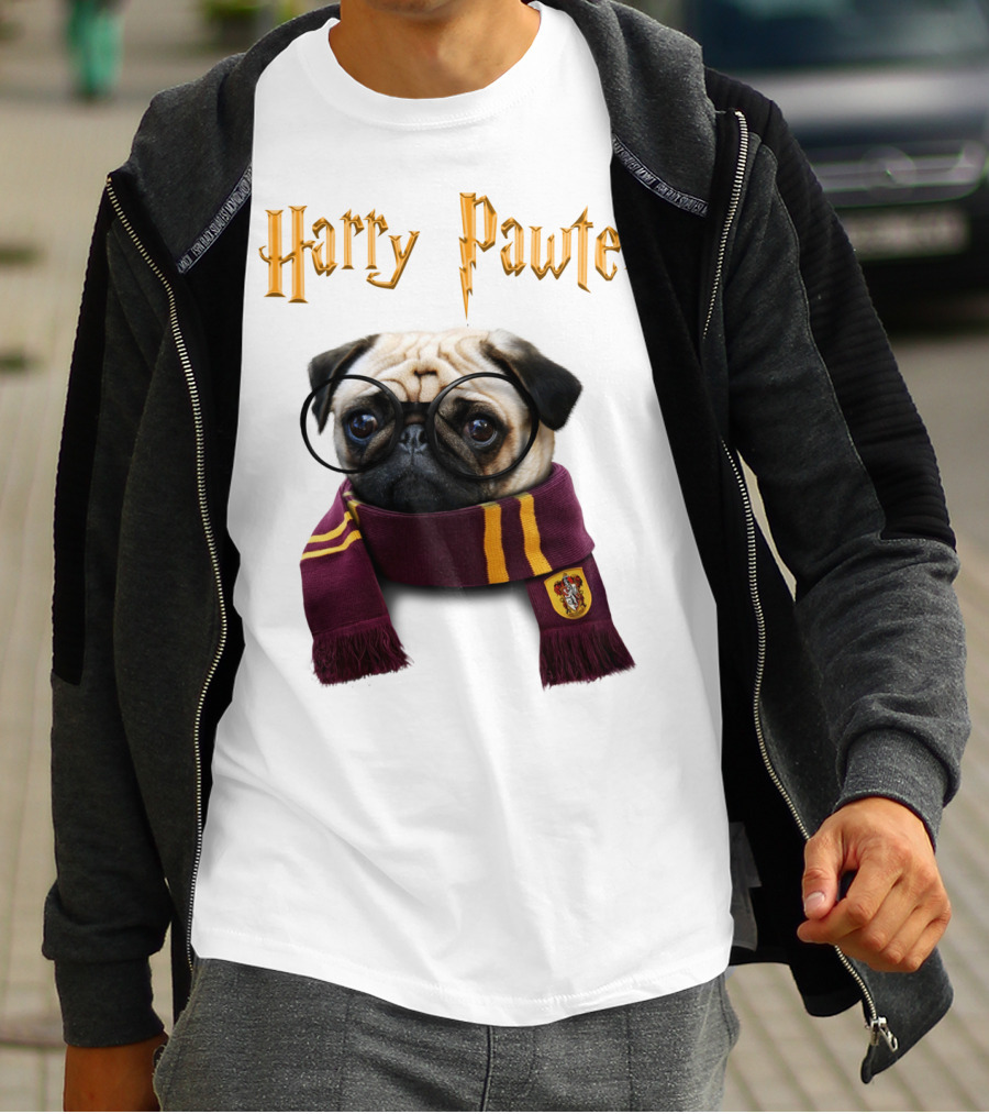 Harry Pawter Cute Puggy Dogs Potte Pups Wizard Pug With Glasses And Scarf T-Shirt