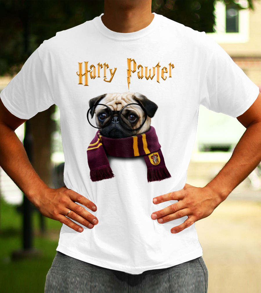 Harry Pawter Cute Puggy Dogs Potte Pups Wizard Pug With Glasses And Scarf T-Shirt