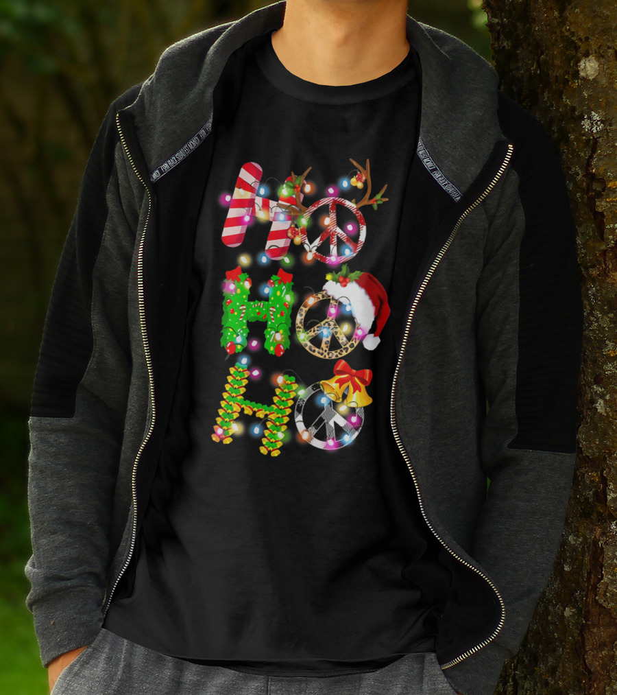 Ho Ho Ho Christmas Light Peace Sign Reindeer Santa Hat T-Shirt