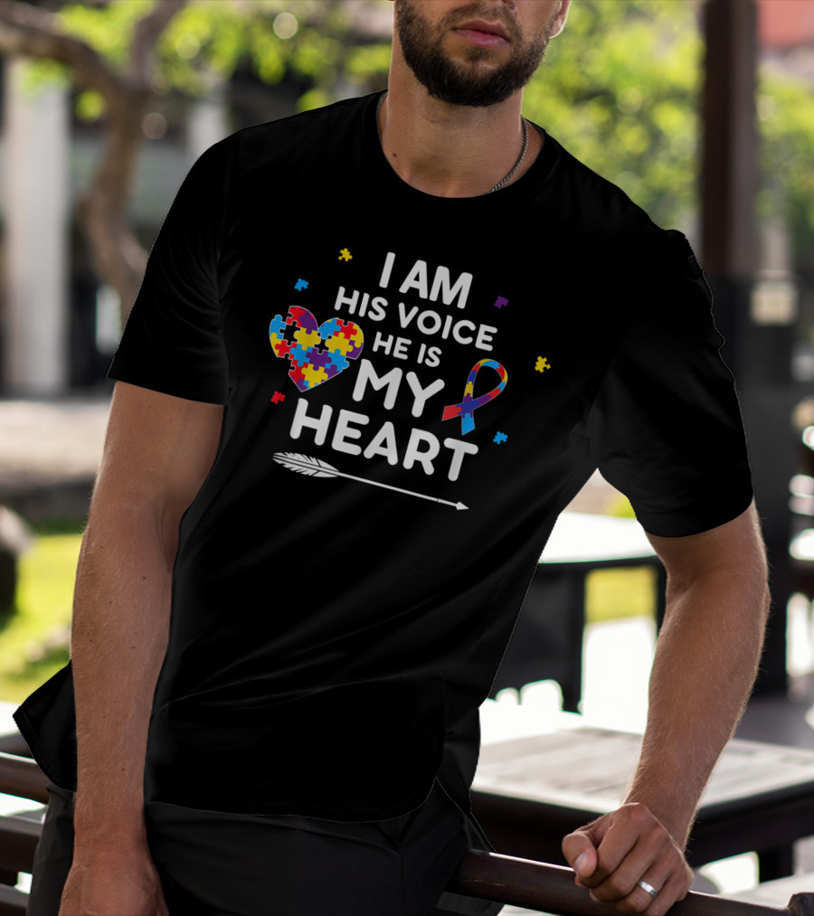 I Am His Voice He Is My Heart Puzzle Piece Ribbon Autism Awareness T-Shirt