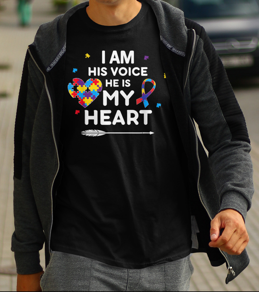 I Am His Voice He Is My Heart Puzzle Piece Ribbon Autism Awareness T-Shirt