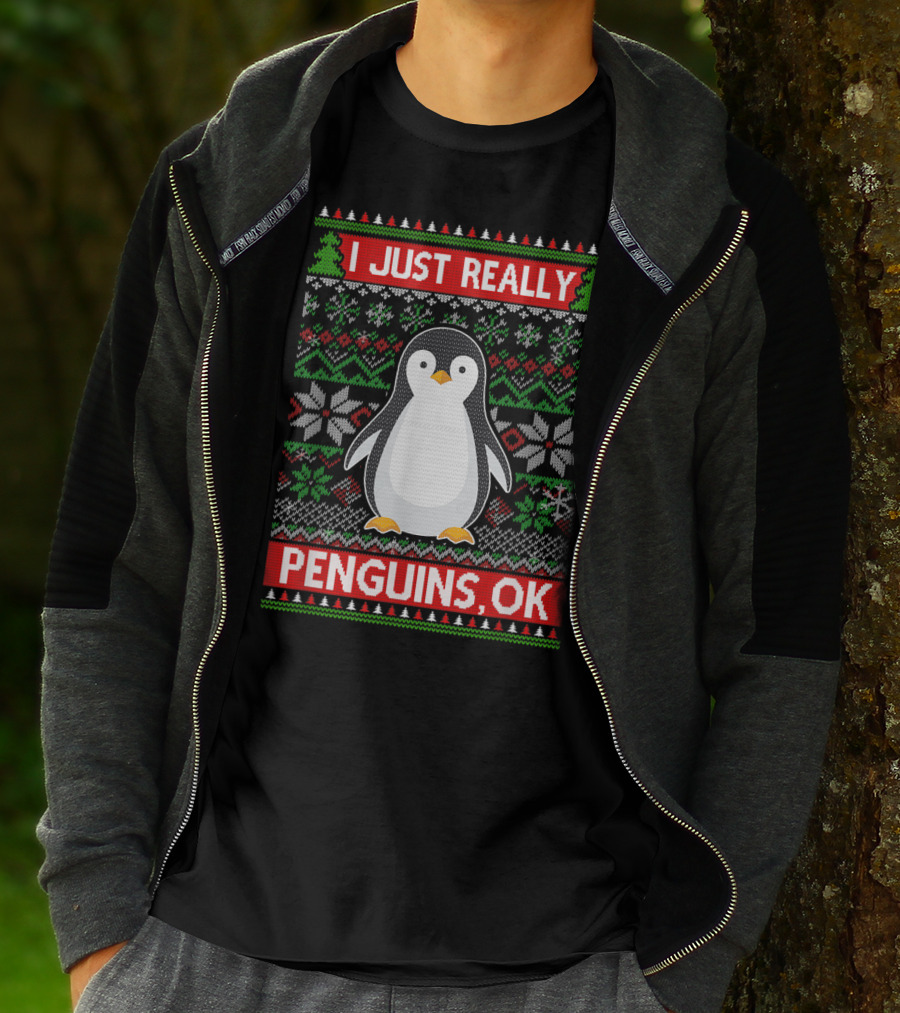 I Just Really Like Penguins, OK Ugly Christmas Sweater Style With Cute Penguin And Festive T-Shirt