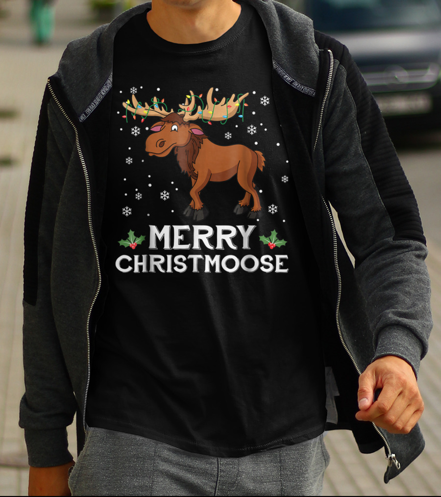 Merry Christmoose Moose With Christmas Lights And Snowflakes T-Shirt
