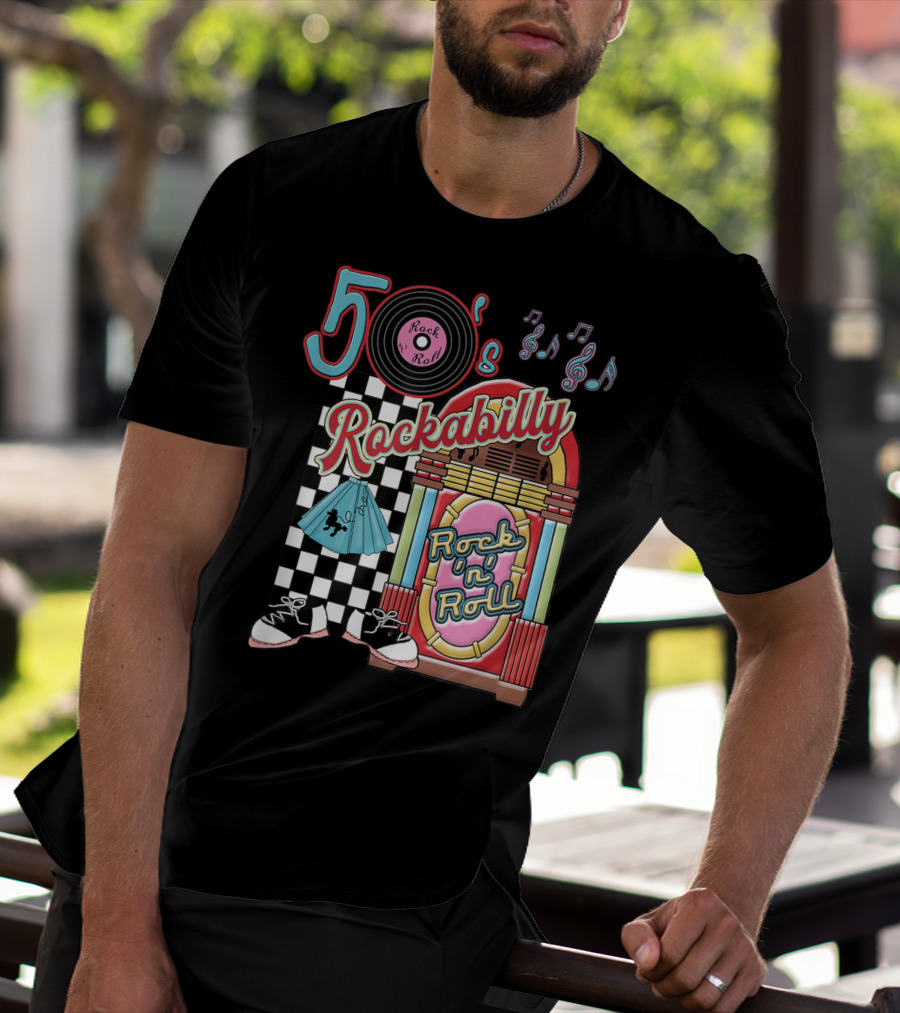 50's Rock N Roll Rockabilly Jukebox And Checkered Dance Floor T-Shirt