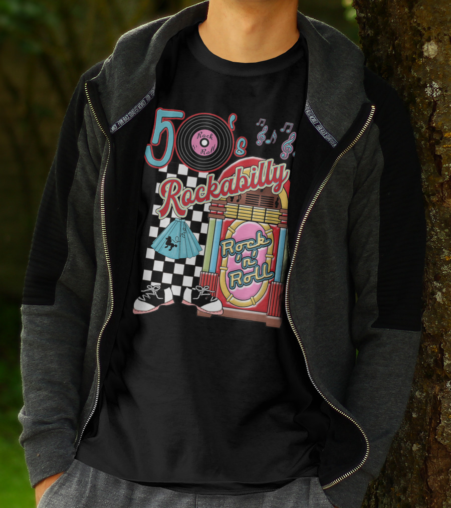 50's Rock N Roll Rockabilly Jukebox And Checkered Dance Floor T-Shirt