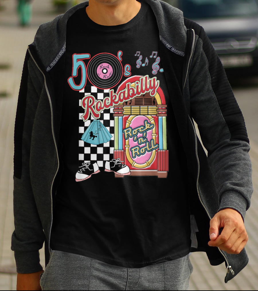 50's Rock N Roll Rockabilly Jukebox And Checkered Dance Floor T-Shirt