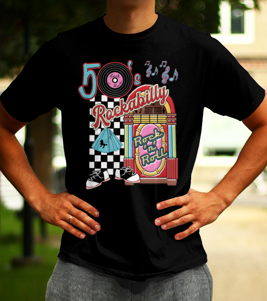 50's Rock N Roll Rockabilly Jukebox And Checkered Dance Floor T-Shirt