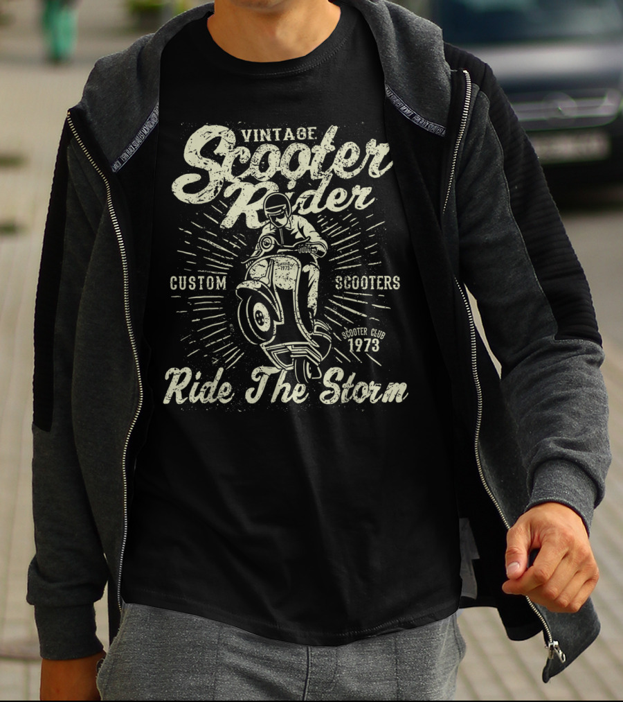 Vintage Scooter Rider Custom Scooters Club 1973 Ride The Storm T-Shirt