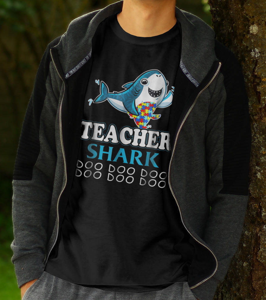 Teacher Shark Doo Doo Doo Autism Puzzle Piece Fun T-Shirt