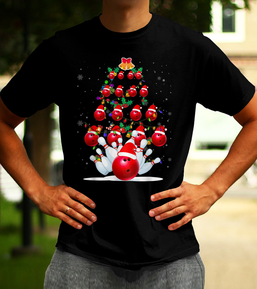 Bowling Balls Santa Hats Christmas Tree Holiday Lights Snowflakes T-Shirt