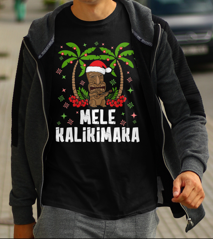 Mele Kalikimaka Santa Tiki Hawaiian Christmas Palms T-Shirt