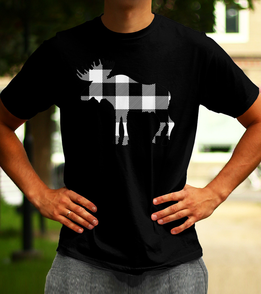 Classic White Black Buffalo Plaid Moose Christmas T-Shirt