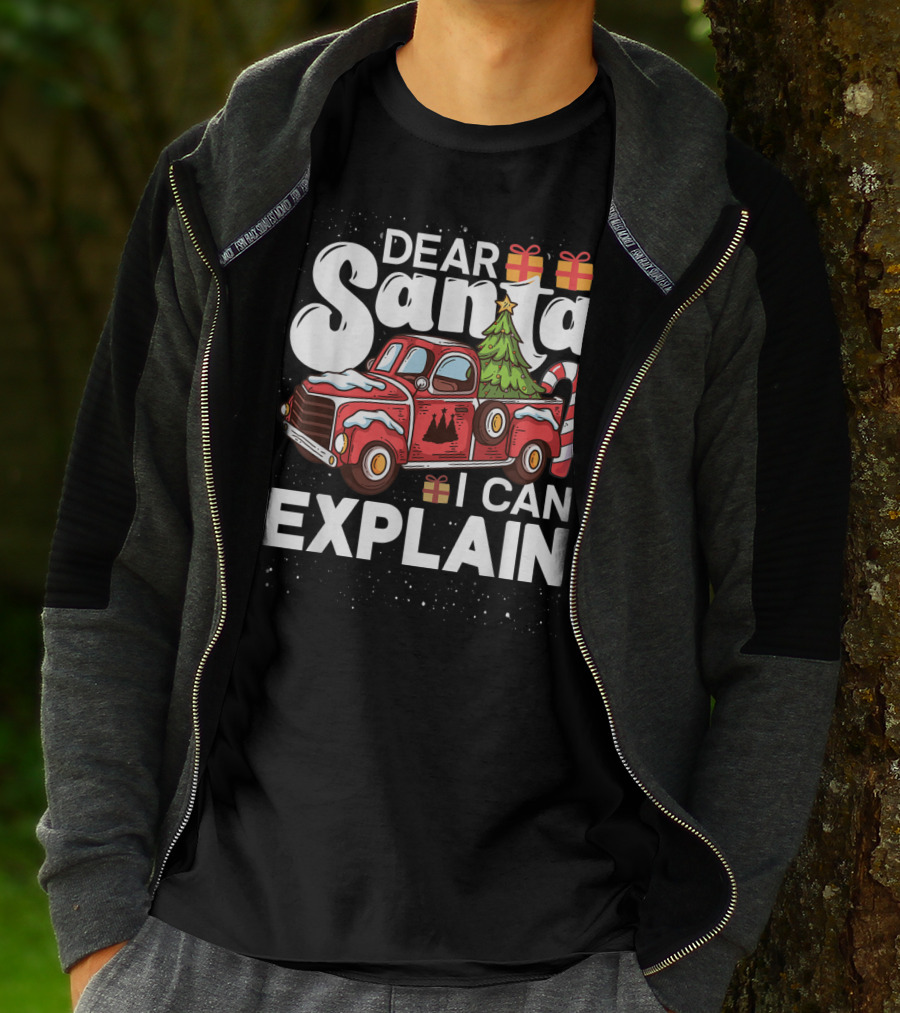 Dear Santa I Can Explain Red Truck Christmas Tree Candy Cane T-Shirt