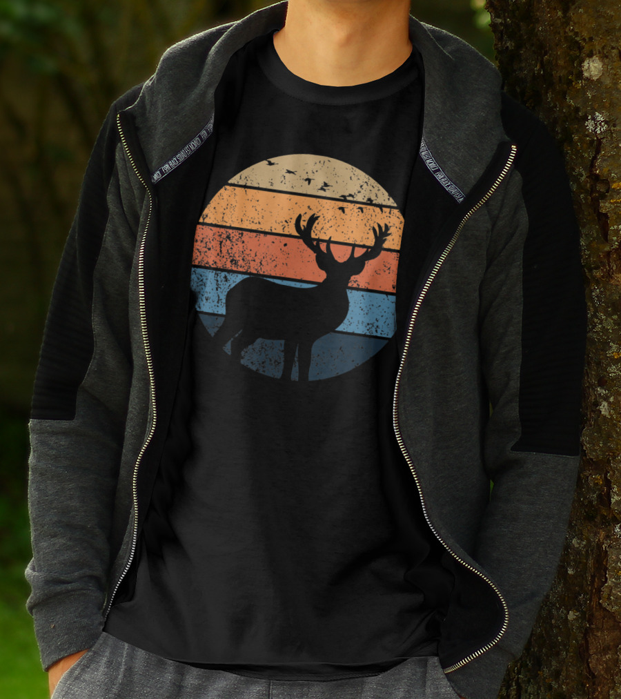 Deer Hunters Vintage Sunset Silhouette With Flying Birds T-Shirt