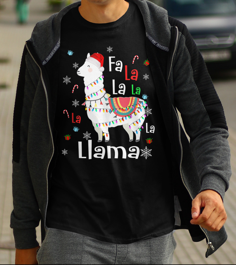 Fa La La Llama Llama Christmas Lights And Santa Hat With Candy Canes Snowflakes And Presents T-Shirt