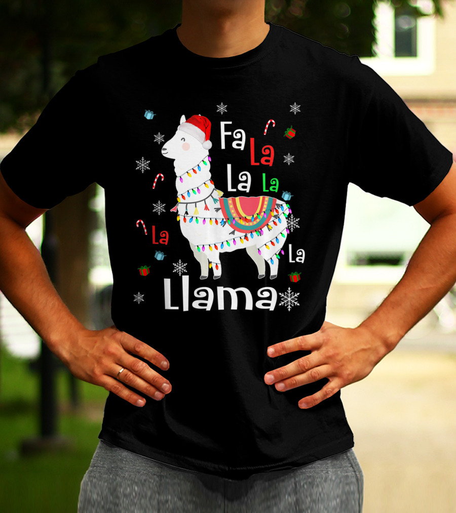 Fa La La Llama Llama Christmas Lights And Santa Hat With Candy Canes Snowflakes And Presents T-Shirt
