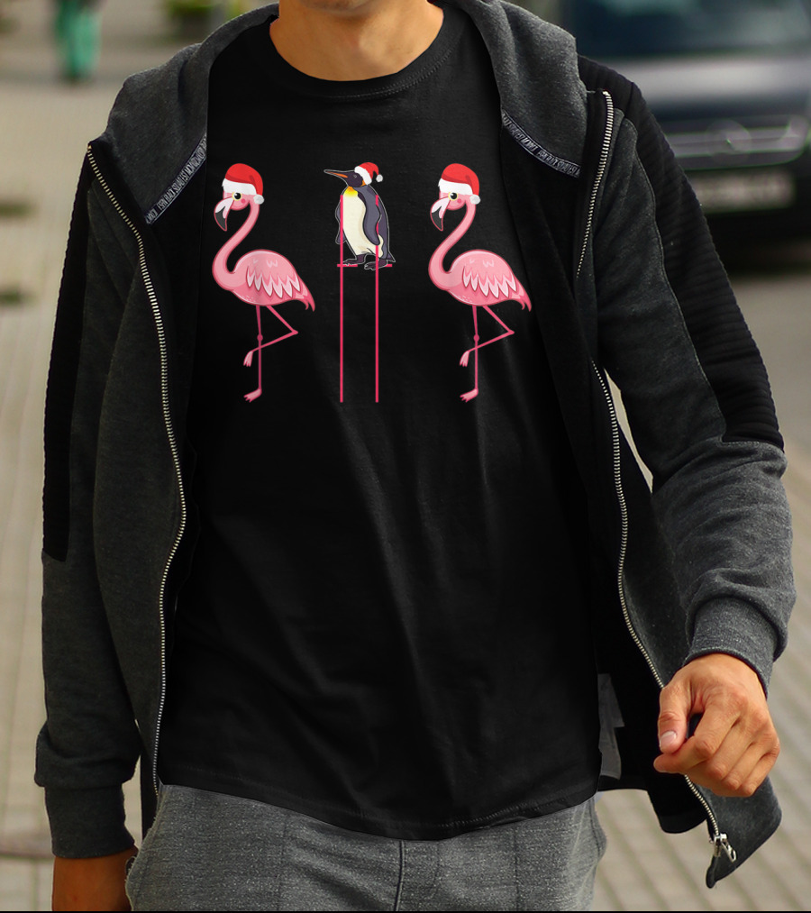 Flamingoes And Penguin With Santa Hats T-Shirt