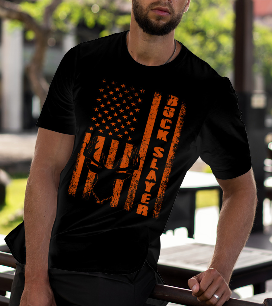 Buck Slayer Blaze Orange Deer American Flag T-Shirt