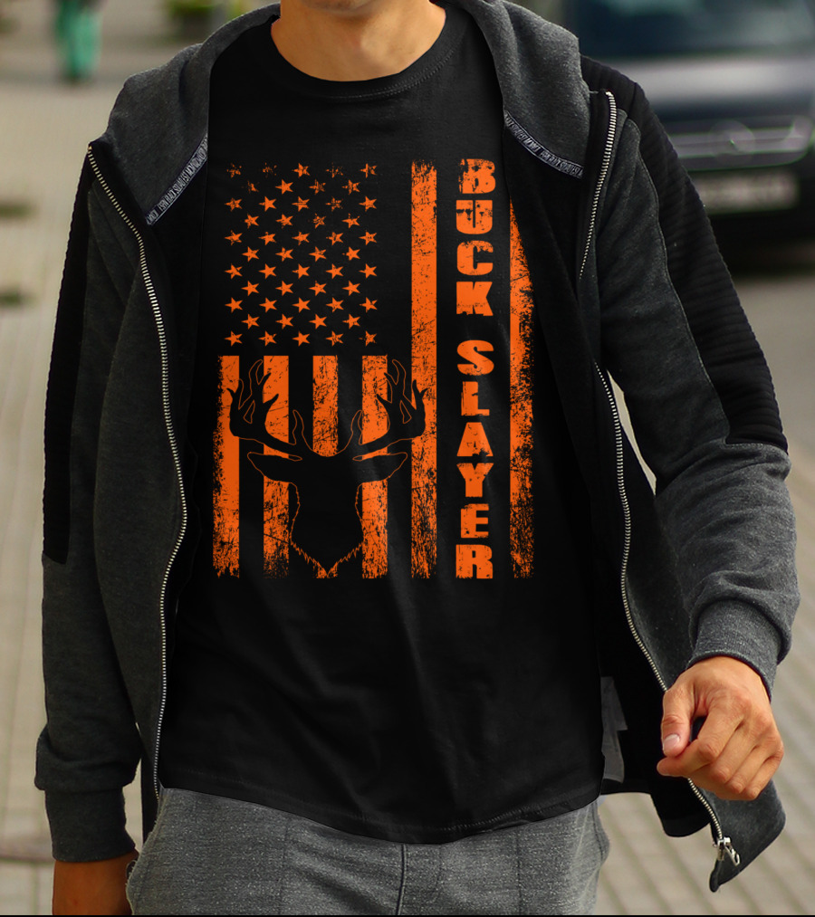 Buck Slayer Blaze Orange Deer American Flag T-Shirt