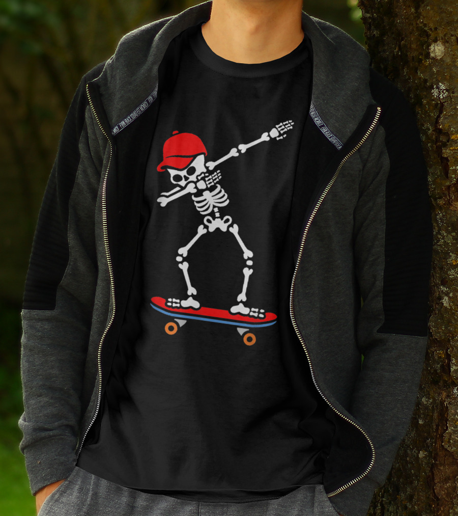 Dabbing Skeleton In Red Cap On Skateboard T-Shirt