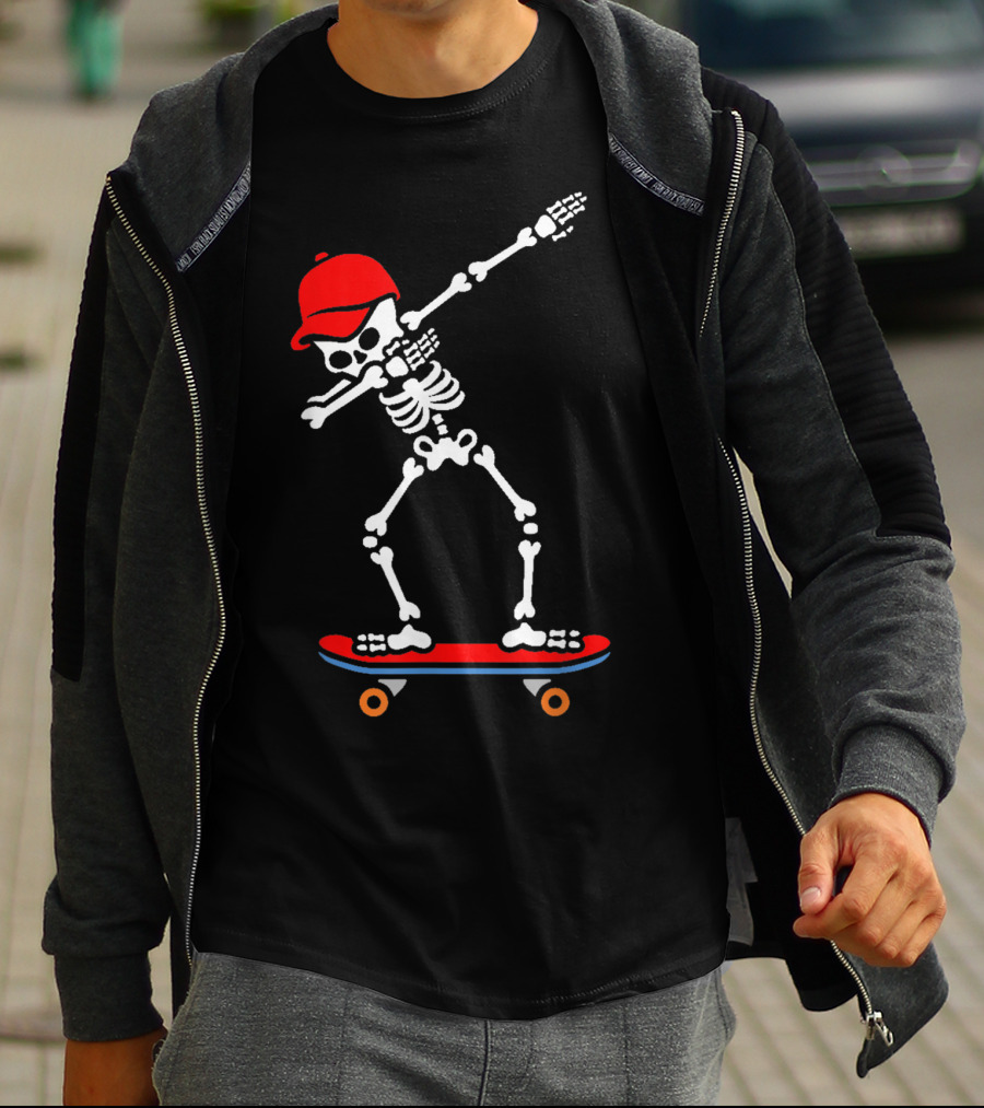 Dabbing Skeleton In Red Cap On Skateboard T-Shirt