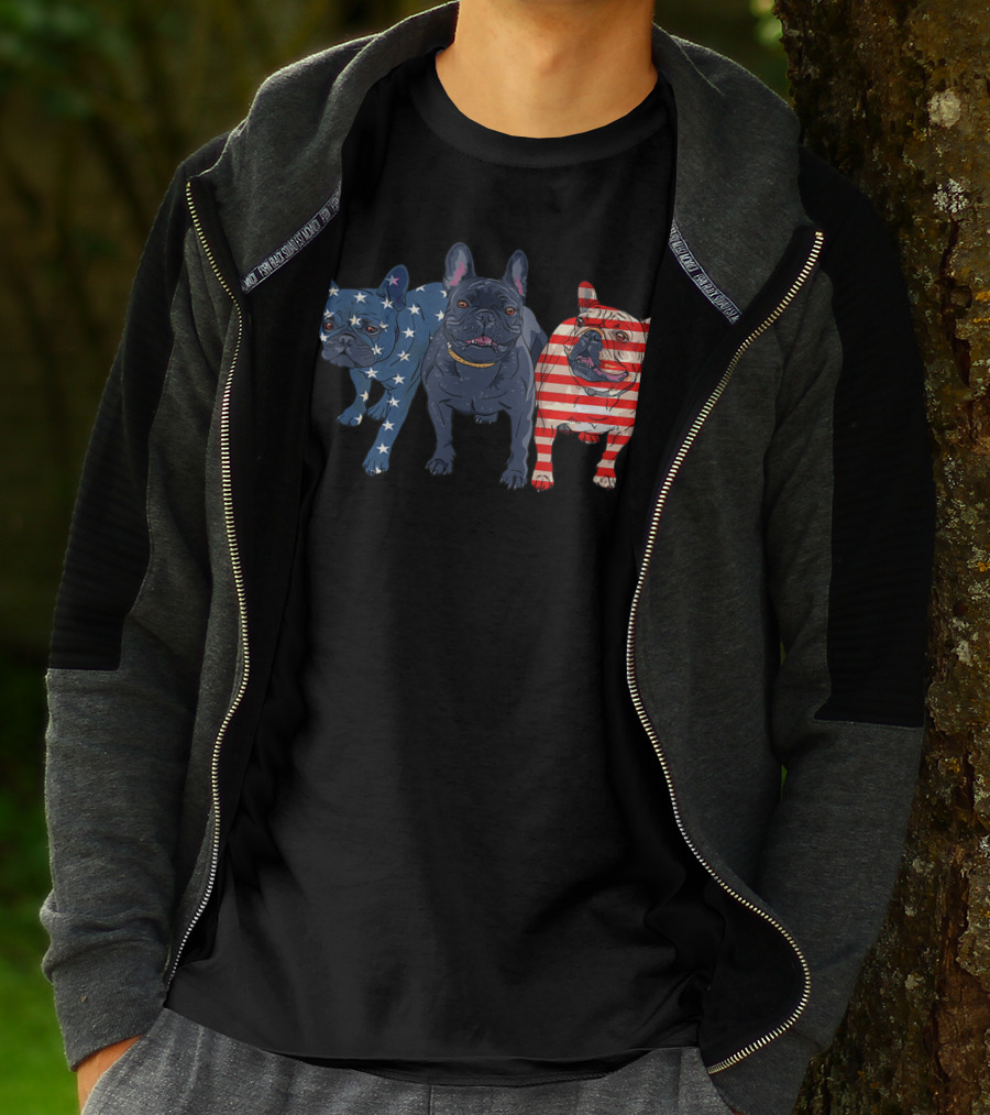 3 Frenchie Bulldog American Flag Stars Stripes July Patriot T-Shirt