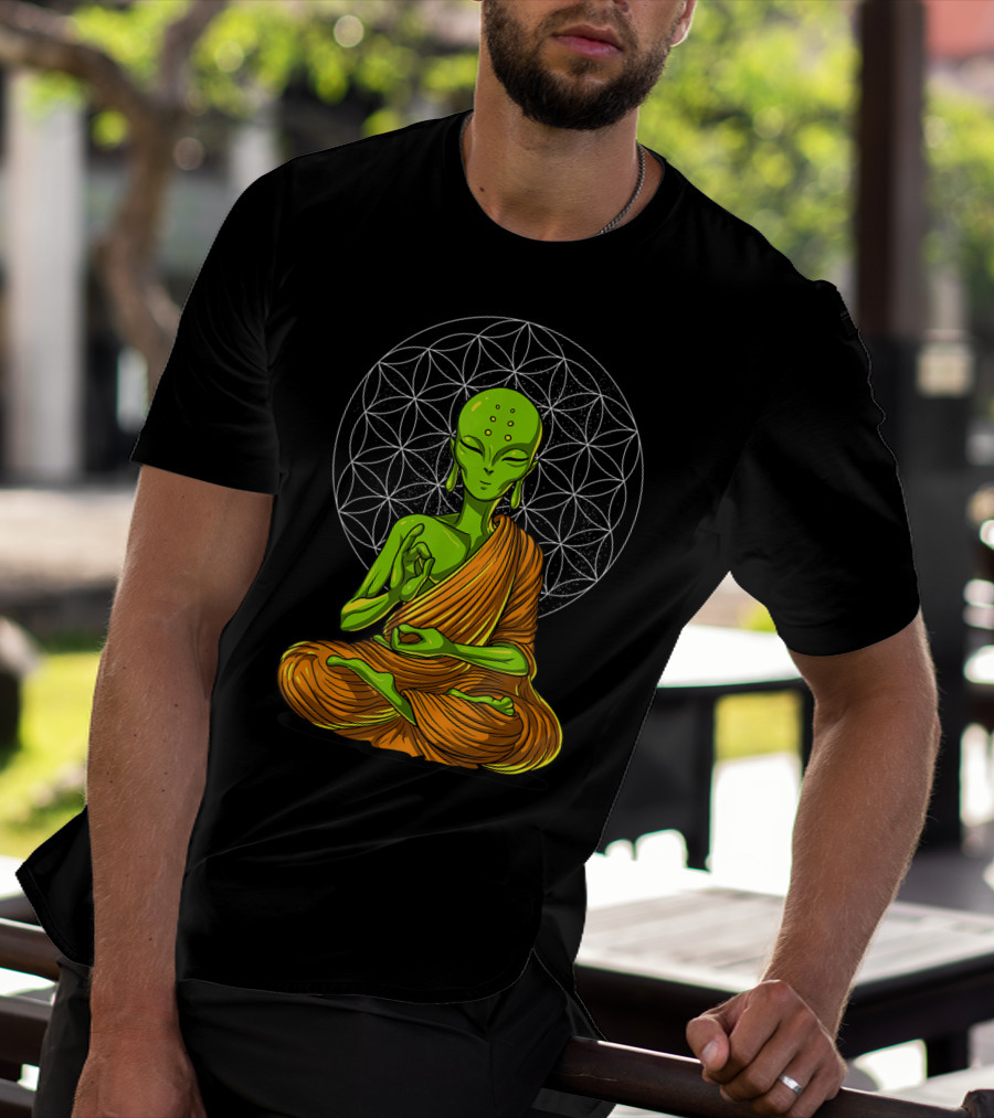 Alien Yoga Meditation Zen Namaste Buddha With Mandala Background T-Shirt