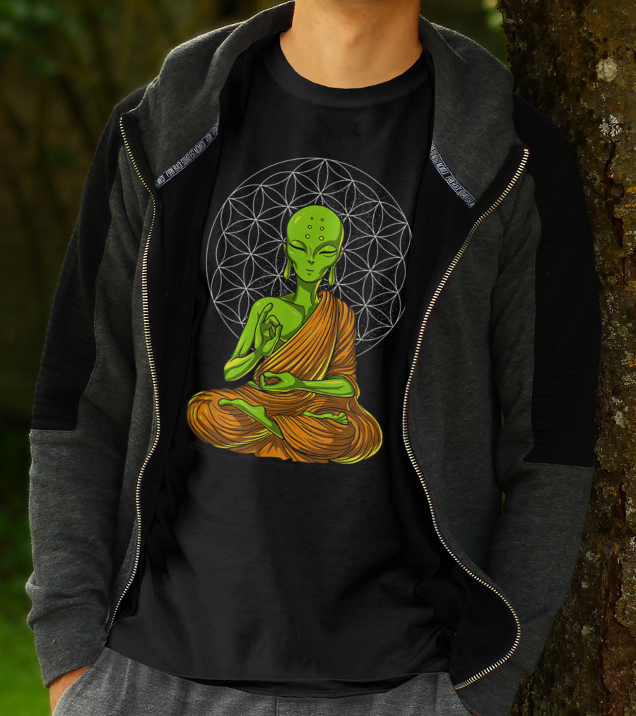 Alien Yoga Meditation Zen Namaste Buddha With Mandala Background T-Shirt
