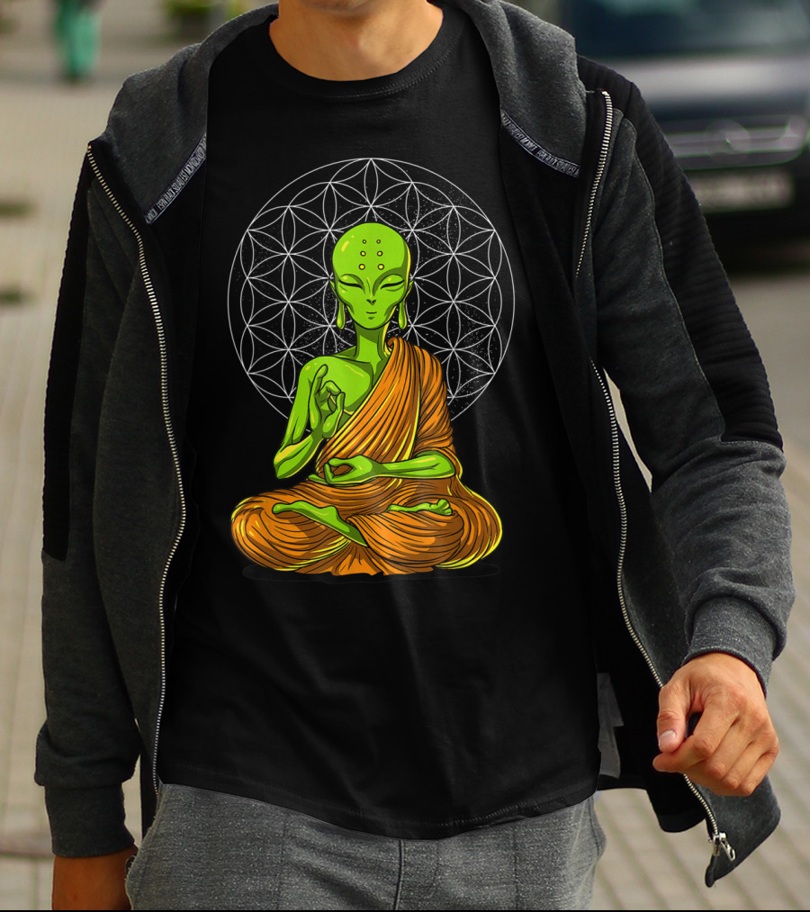 Alien Yoga Meditation Zen Namaste Buddha With Mandala Background T-Shirt