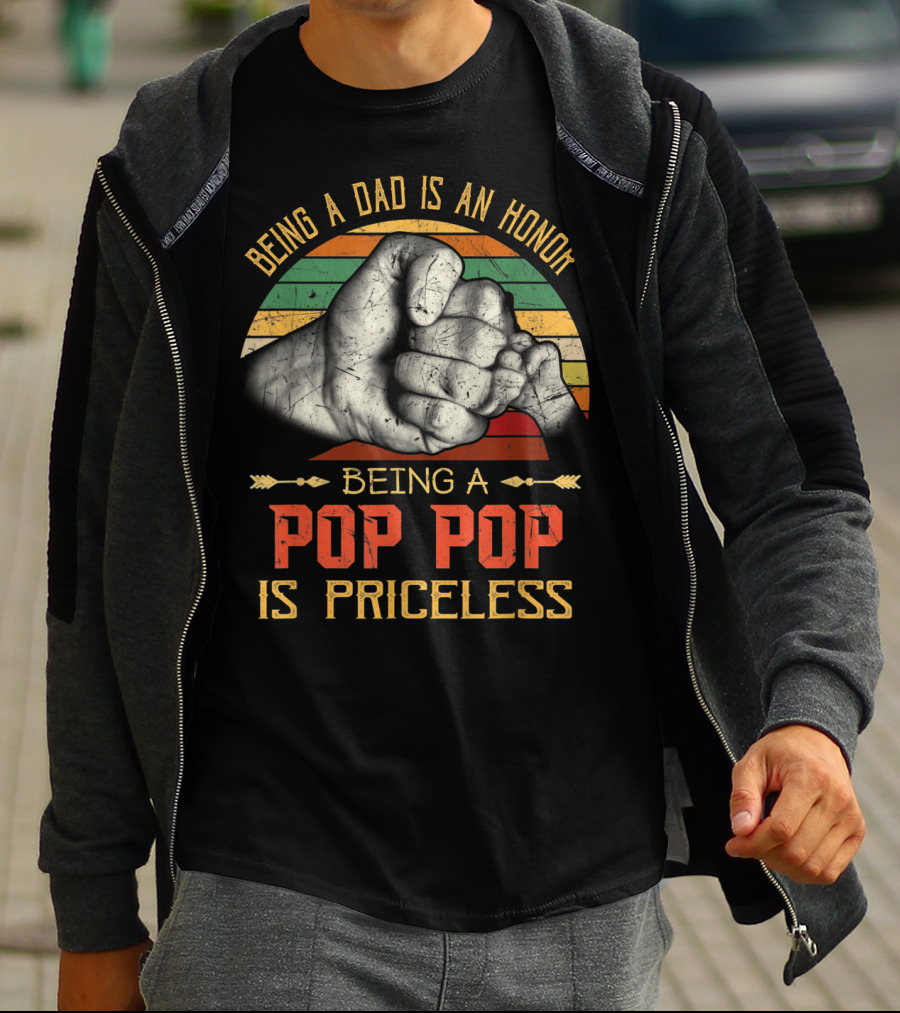 Being A Dad Is An Honor Being A Pop Pop Is Priceless Fist Bump Retro Stripes T-Shirt