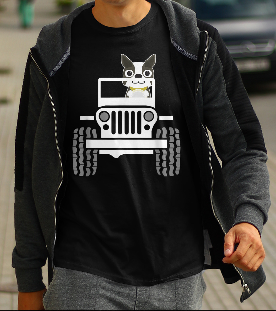Funny Boston Terrier Dog In Jeep Dad T-Shirt