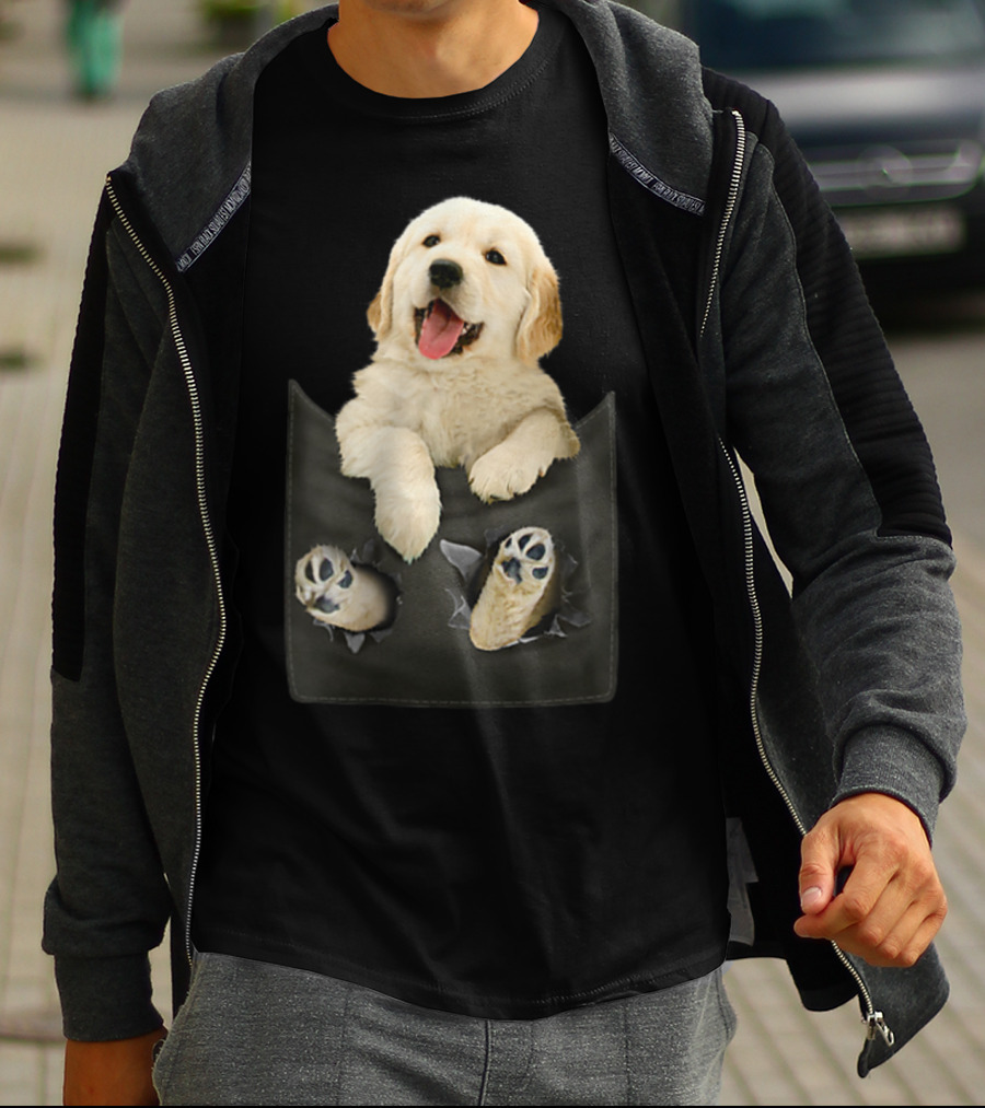 Golden Retriever Puppy Peeking From Pocket T-Shirt