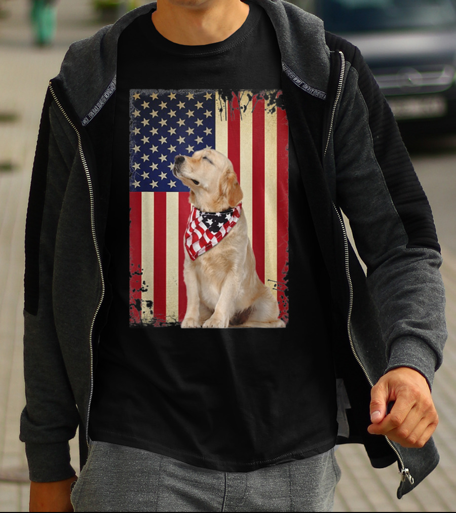 Golden Retriever Smiling American Flag Bandana T-Shirt