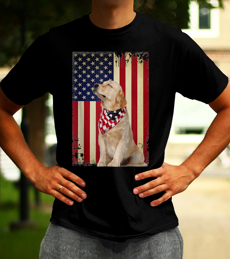Golden Retriever Smiling American Flag Bandana T-Shirt