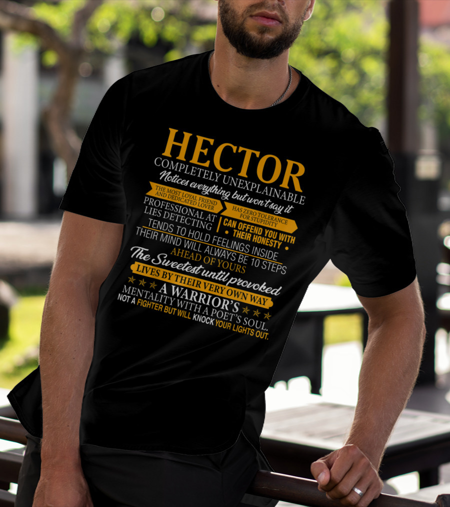 HECTOR Completely Unexplainable Notices Everything Professional Lies Detecting Warrior's Mentality Poet's Soul T-Shirt
