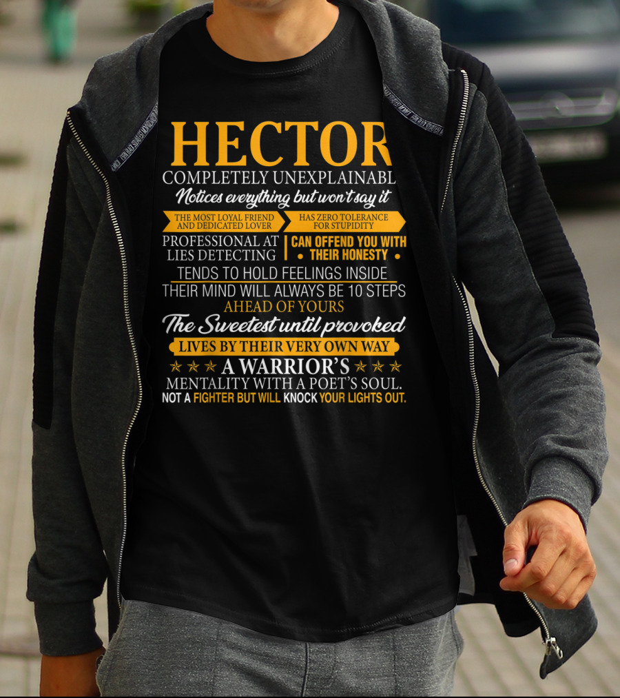 HECTOR Completely Unexplainable Notices Everything Professional Lies Detecting Warrior's Mentality Poet's Soul T-Shirt