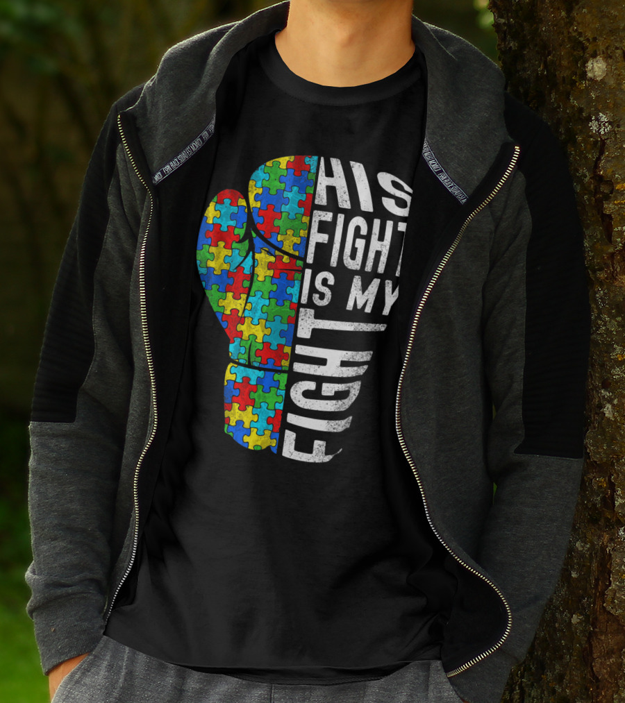 His Fight Is My Fight Autism Awareness Puzzle Boxing Glove T-Shirt