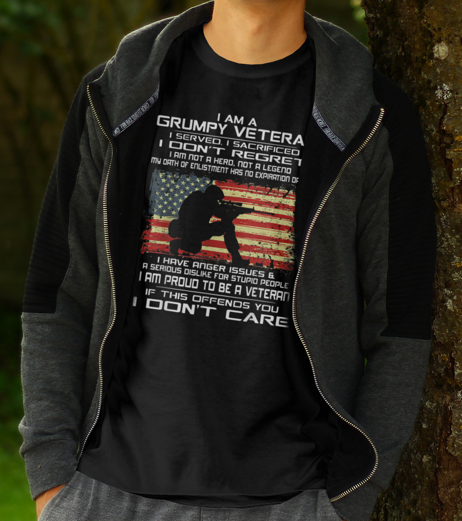 I Am A Grumpy Veteran I Served I Sacrificed I Don't Regret Proud American Flag Oath Enlistment No Expiration Anger Issues T-Shirt