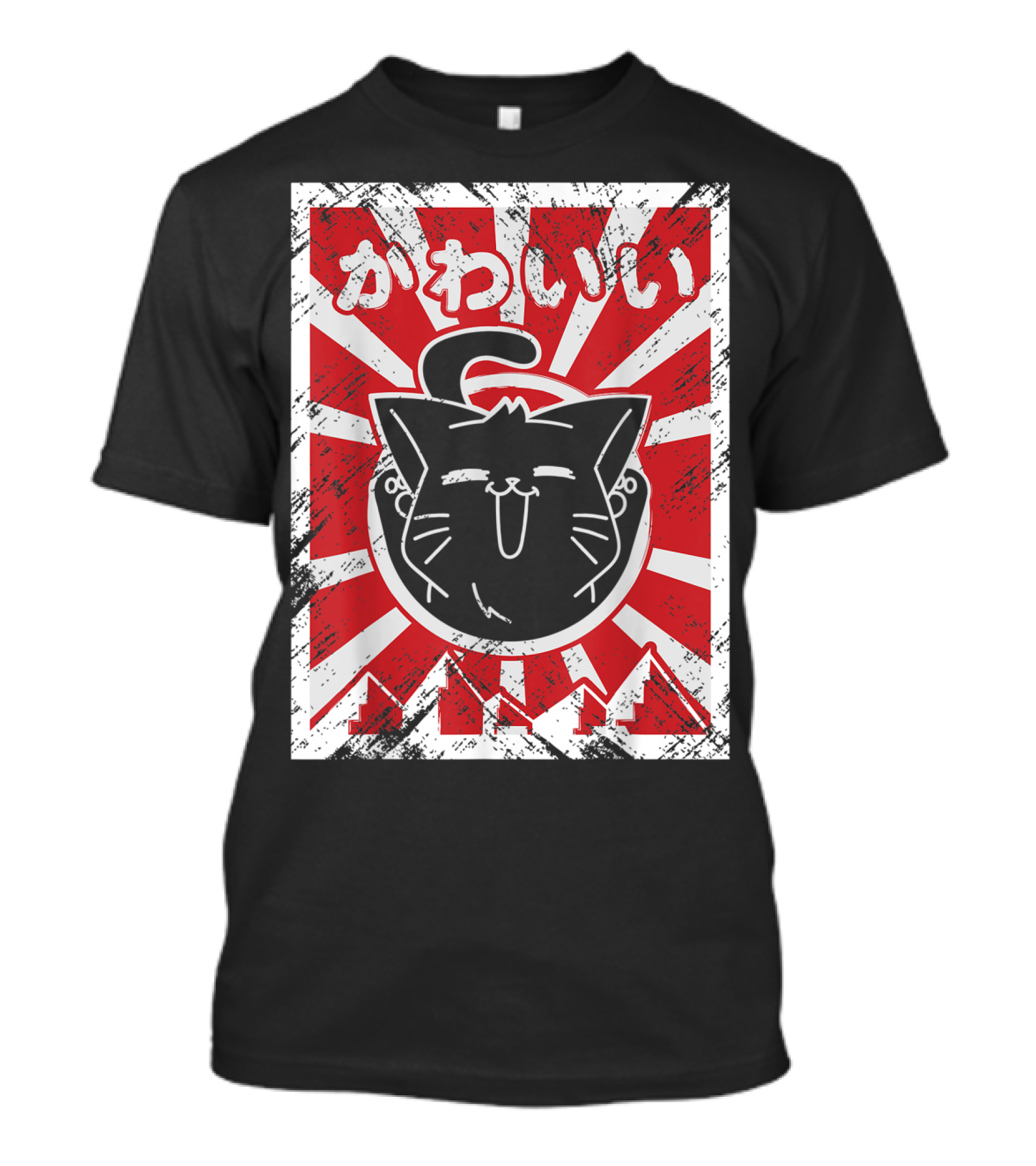 Kawaii Anime Cute Japanese Cat With Red Rising Sun Background T-Shirt