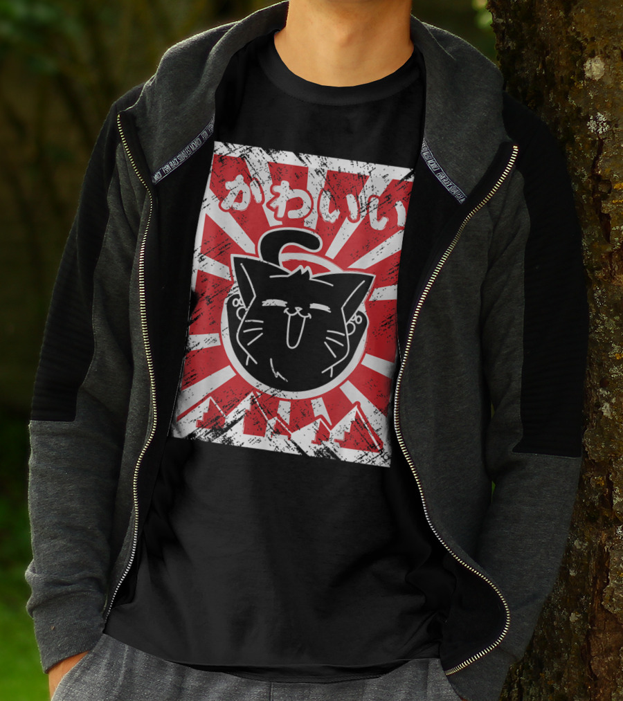 Kawaii Anime Cute Japanese Cat With Red Rising Sun Background T-Shirt